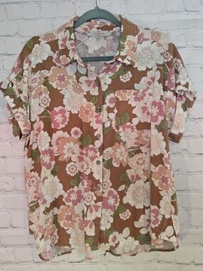 Croton Floral Short-Sleeve Button-Front Blouse - Pink & Brown